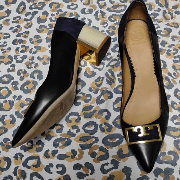 ❤️TORY BURCH GIGI Leather & Suede Pearlized Block Heel Shoes 9 1/2 M - Picture 1 of 13